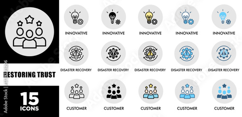 RESTORING TRUST icon set with various styles and colors of corporate sustainability performance for investment screening	
