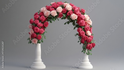 Floral archway roses, pinks, and reds, on white pillars