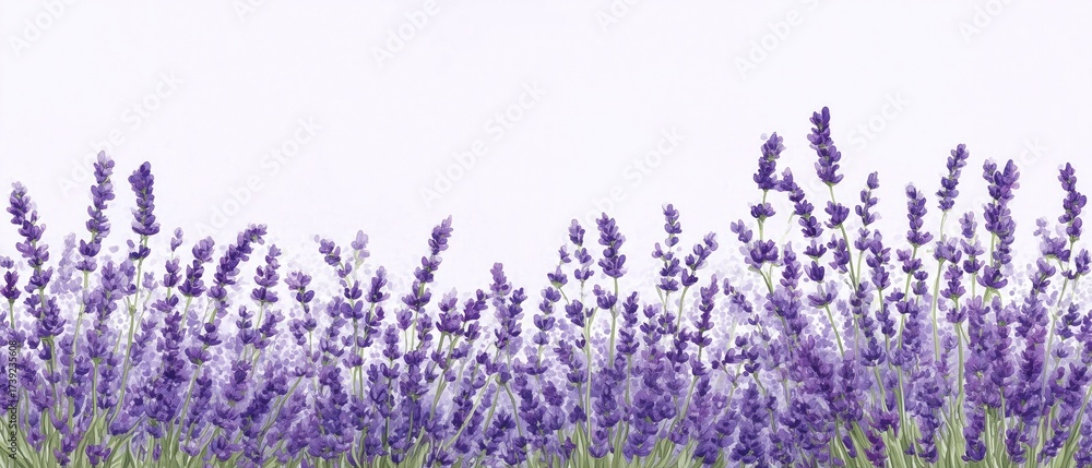 Naklejka premium Lavender flowers illustration with vibrant purple blooms in a serene natural field, ideal for wallpaper, poster, or banner design, capturing the beauty of nature and tranquil botanical essence