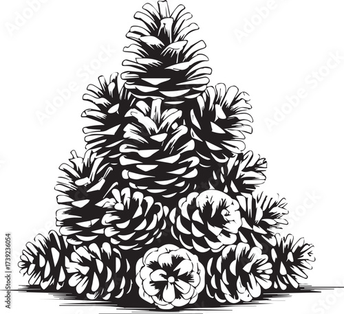 Pine Cone Pyramid: An intricate illustration showcases a meticulously arranged pyramid composed entirely of detailed pine cones, offering a unique perspective on nature's artistry.