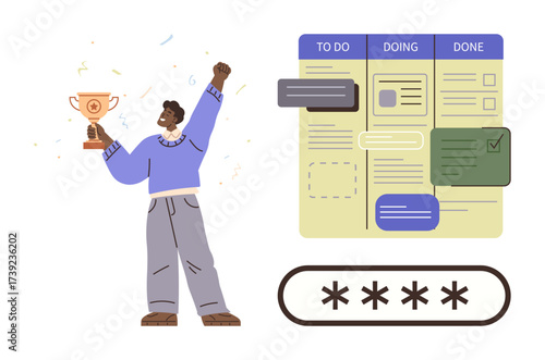 Person holding trophy with confetti, digital Kanban board displaying task statuses, password field. Ideal for productivity, goal setting, motivation, celebration, work organization, task management