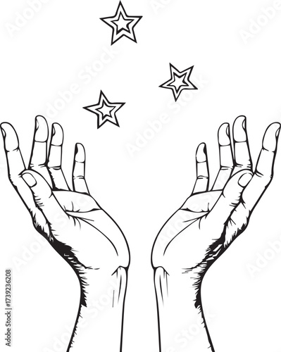 Celestial Embrace: A person's hands reach towards the sky, cradling twinkling stars in an artistic and ethereal depiction of hope and aspiration. 