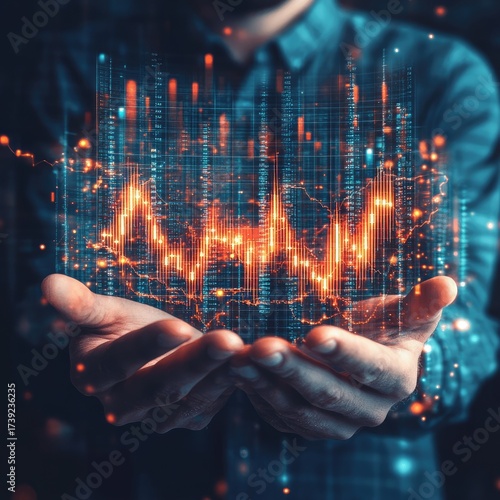 Data graph floats above cupped hands, glowing in dim light