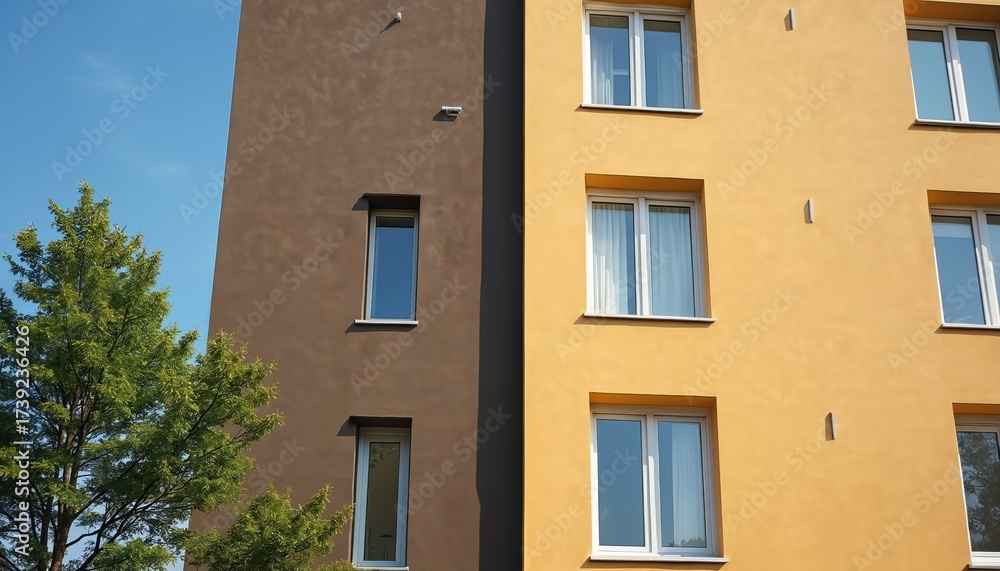 Fototapeta premium Close-up of a modern apartment building with yellow and brown facade. Building has multiple windows and white window frames. Tree in front of building on a sunny day with blue sky.