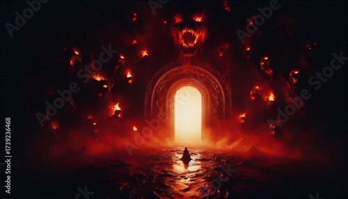 Hell Entrance with Dark Door in Red and Black, Flames and Horror Creatures, Infernal Portal Concept