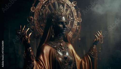 Priestess in Golden Cloak with Jeweled Crown, Dark Horror Scene for Magical Fantasy and Pagan Ritual Theme