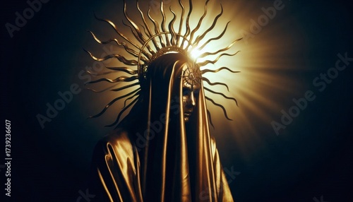 priest in Golden Cloak with Jeweled Crown, Dark Horror Scene for Magical Fantasy and Pagan Ritual Theme