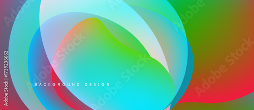 Abstract colorful overlapping shapes create vibrant background. Smooth gradients blend blues, greens, reds, yellows. Modern design element.