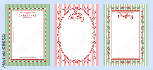 Blank greeting letter Merry Christmas and Happy New Year decorated with winter plantsberries, Christmas tree and sweets. Set of vintage design to congratulate you on the winter holidays. 