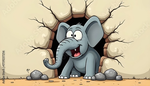 Comical Animated Elephant Breaking Wall With Over The Top Expression