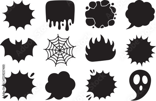Vector silhouettes of halloween icons including bats cobwebs ghosts and speech bubbles