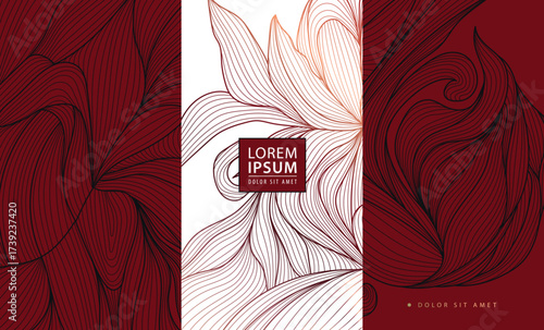 Elegant floral vector background, flower red line patterns, leaves, oriental ornaments, Chinese, Japanese art. Luxury wedding invitations, spring greeting cards, anniversary posters, vintage royal