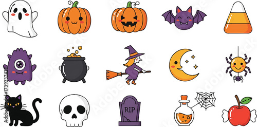 Cute Halloween Icons Set with Ghost and Witch in Cartoon Style