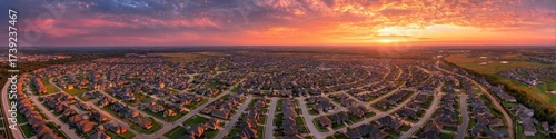 Neighborhood Suburban Plan View. Aerial Sunset View of Suburban Development in Oklahoma City