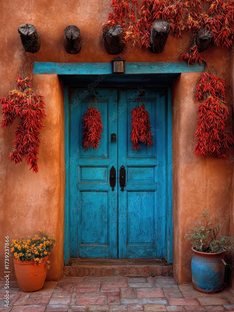 Fototapeta premium New Mexico Chile. Santa Fe Adobe Door Decor with Christmas Ristras