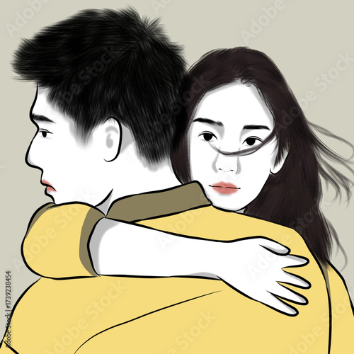 Stylized Portrait of Young Asian Couple Embracing