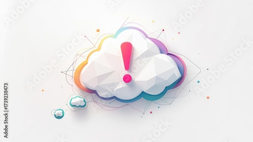 A 3D cloud thought bubble with an exclamation point and vibrant geometric accents on white
