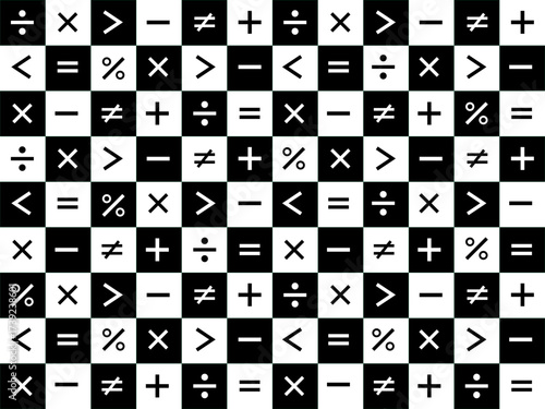 Checkerboard pattern composed of alternating black and white  squares, each containing a mathematical or logical symbol include addition, subtraction, multiplication, division, and equality.