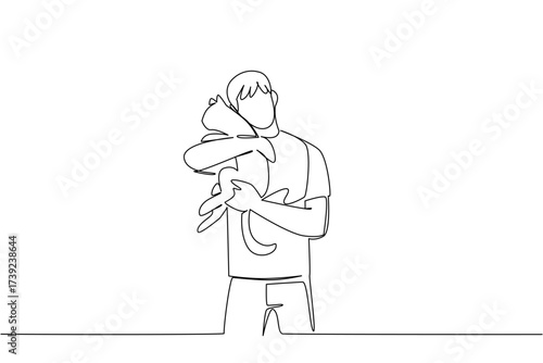 Continuous one line drawing a man in casual clothes hugging a cat with both hands. Love very much a very obedient animal. International Hug Your Cat Day. Single line draw design vector illustration
