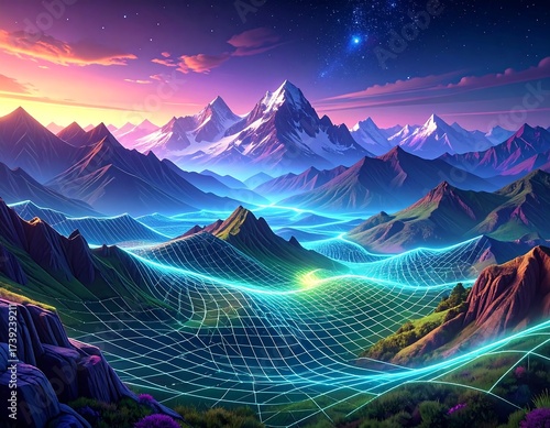 Stunning Digital Art: Futuristic Landscape with Mountains, Grids, and Starry Sky