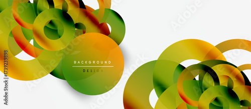 Abstract colorful shapes overlap, creating dynamic visual effect. Gradient hues blend smoothly, forming modern background design.