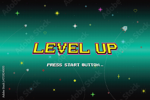 Level up, press start button, pixel art, 8 bit game, retro game, for game resources in vector illustration.