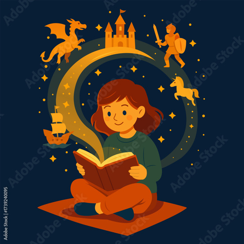 Vector illustration of a child reading a book with fantasy elements coming alive – castle, knight, dragon, ship and unicorn. Imaginative storytelling concept in flat style.