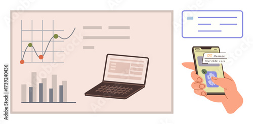 Graph with trends and bars, laptop with data display, hand holding smartphone showing login code. Ideal for data analytics, cybersecurity, business management, finance, technology, remote work