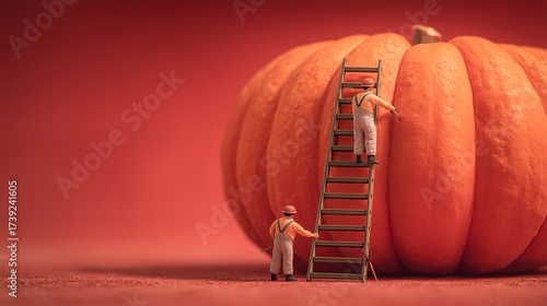 Tiny workers scale a towering pumpkin on a ladder, crafting a whimsical, industrious autumn scene with warm, surreal lighting.