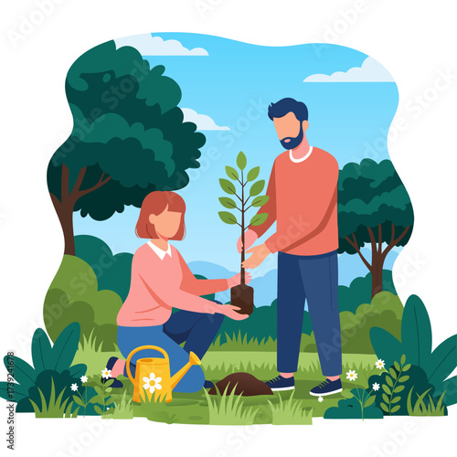 Couple actively engages in tree planting, contributing to environmental conservation and fostering a greener, sustainable future for the planet