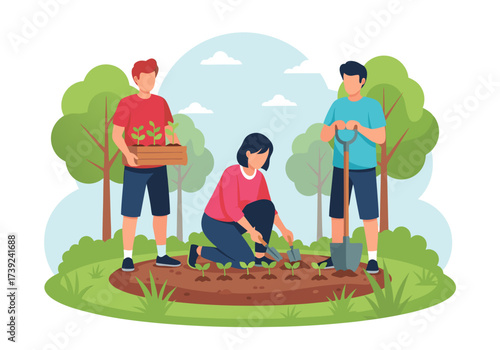 Joyful community members engaged in gardening, cultivating growth, and promoting a greener, healthier environment for all