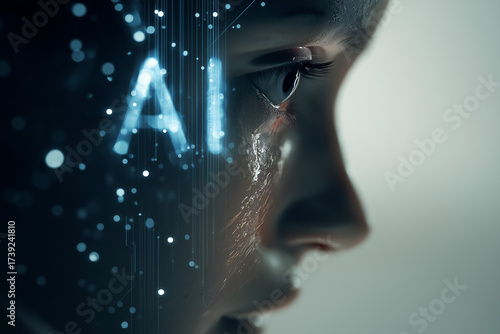 Futuristic close-up portrait of a humanoid robot with a human-like face and mechanical details, illuminated with glowing AI text, symbolizing artificial intelligence, technology, and cyber future