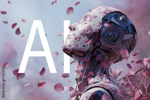 Futuristic close-up portrait of a humanoid robot with a human-like face and mechanical details, illuminated with glowing AI text, symbolizing artificial intelligence, technology, and cyber future