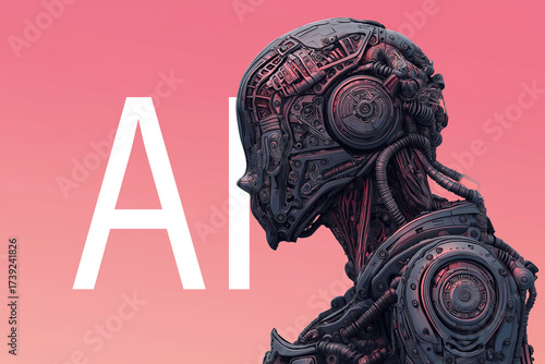 Futuristic close-up portrait of a humanoid robot with a human-like face and mechanical details, illuminated with glowing AI text, symbolizing artificial intelligence, technology, and cyber future