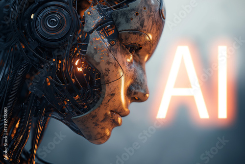 Futuristic close-up portrait of a humanoid robot with a human-like face and mechanical details, illuminated with glowing AI text, symbolizing artificial intelligence, technology, and cyber future