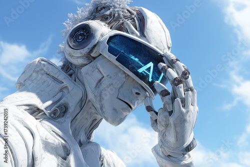 Futuristic close-up portrait of a humanoid robot with a human-like face and mechanical details, illuminated with glowing AI text, symbolizing artificial intelligence, technology, and cyber future