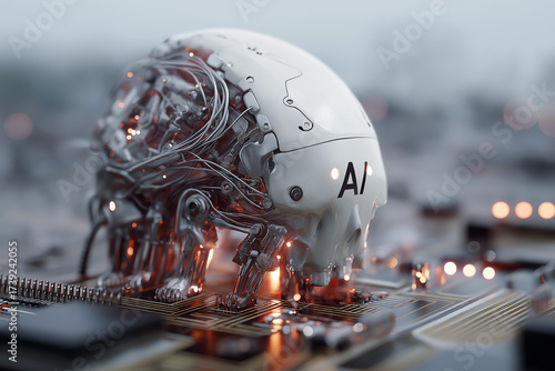 Futuristic close-up portrait of a humanoid robot with a human-like face and mechanical details, illuminated with glowing AI text, symbolizing artificial intelligence, technology, and cyber future