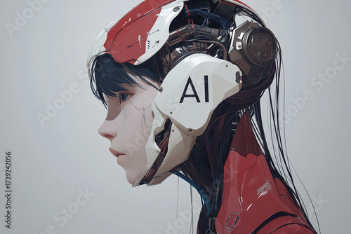 Futuristic close-up portrait of a humanoid robot with a human-like face and mechanical details, illuminated with glowing AI text, symbolizing artificial intelligence, technology, and cyber future