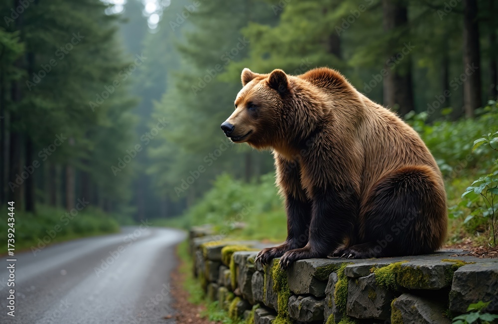 Obraz premium Big brown bear sits on mossy stone wall next to forest road. Wild mammal looks alert in green woodland, possibly seeking food or observing surroundings. Nature scene.
