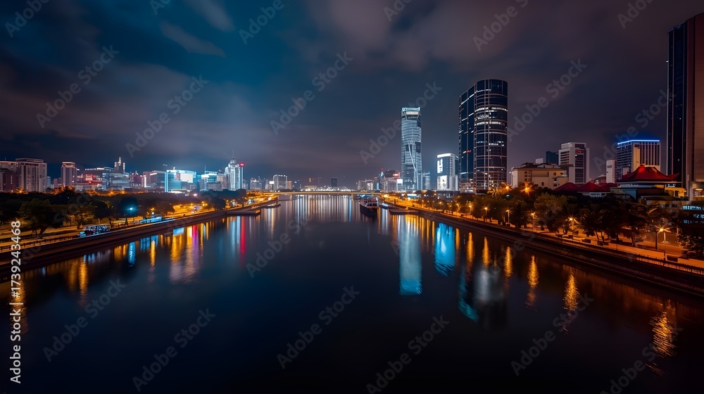 Fototapeta premium Night city skyline with tall skyscrapers and glowing lights reflecting on calm river water.