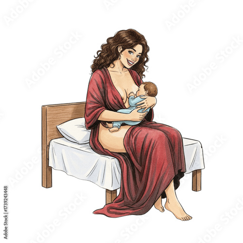 Smiling woman nursing her baby in red robe art