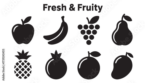 Collection of fresh fruit silhouettes isolated on white background