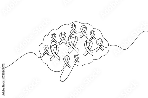 Single continuous line drawing collection of campaign ribbons in the middle of the brain. Autoimmune disease. Attacked by infection. World Multiple Sclerosis Day. One line design vector illustration
