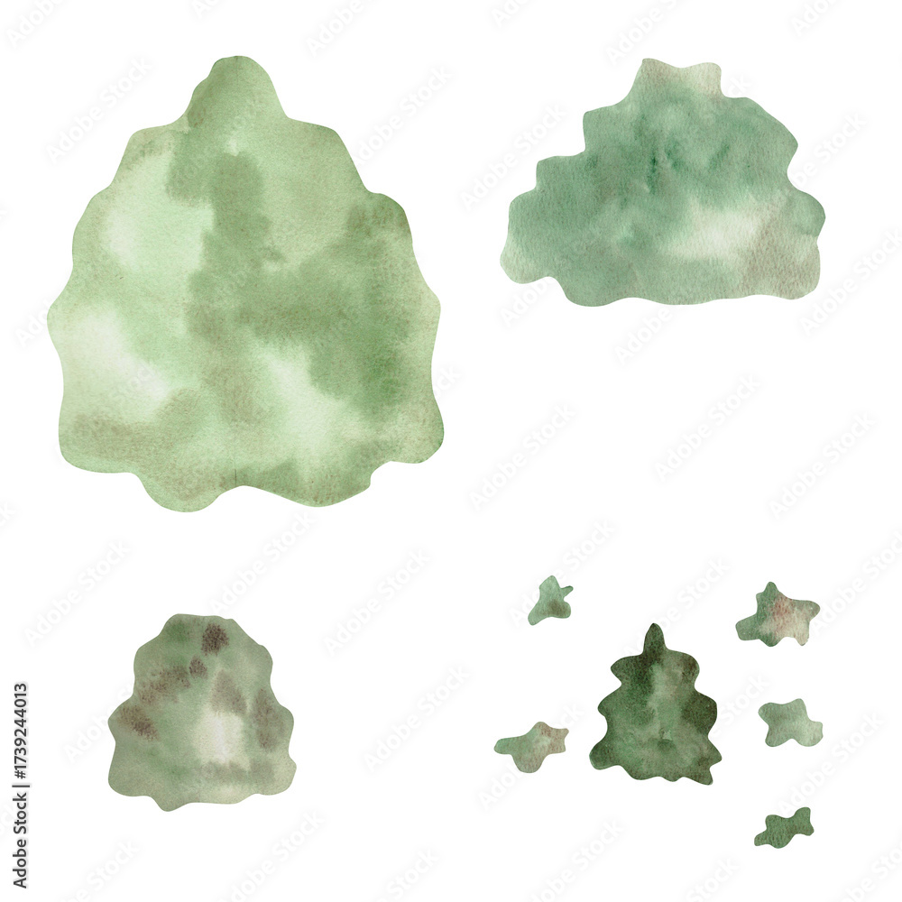 Obraz premium A set of tree and shrub templates. Isolated watercolor illustrations for children's educational materials, printing on postcards, fabric, books, and children's room design.