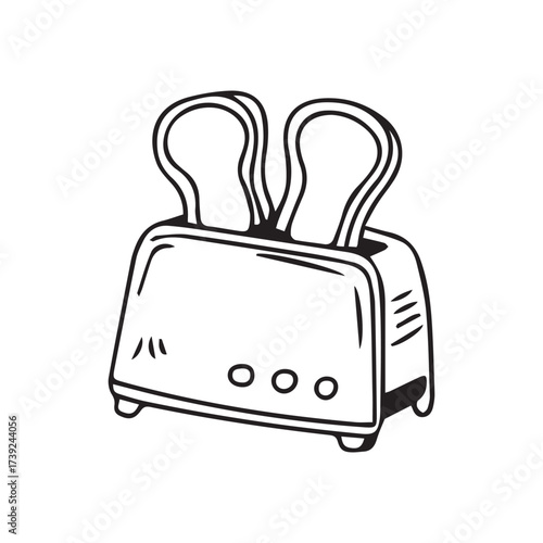 A hand-drawn illustration of a toaster with two bread slices, presented on a clean white background.