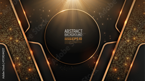 Modern luxury black gold background with light effect, golden line and dots and shadow, abstract premium template for presentation slides, corporate cover design, marketing banner, not AI tools