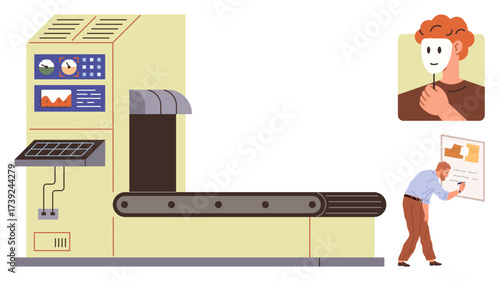 Factory conveyor producing masks while worker marks plans on a board, illustrating identity creation, automation, decision-making, data analysis, individuality, control, and innovation. A simple flat