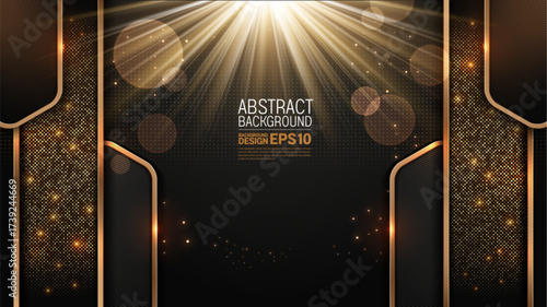 Elegant black gold luxury background with golden light, dots and bokeh, golden line frame, premium modern abstract design, business presentation template, banner for promotion, not AI