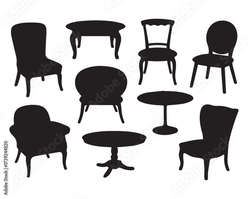 Various antique chairs and tables presented as black silhouettes on a pure white background.