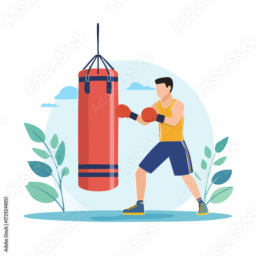 Boxer punching punching bag — flat vector illustration